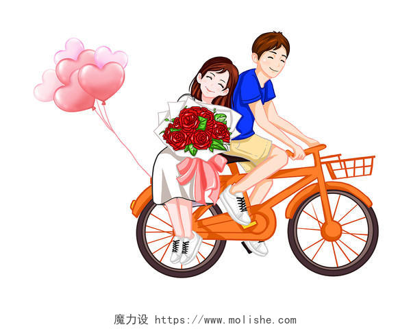彩色手绘卡通情侣骑自行车214情人节元素PNG素材